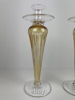 Vintage Pair of VENETIAN MURANO Clear & Amber Glass Candlesticks Candle Holders