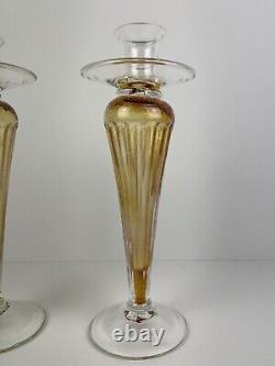 Vintage Pair of VENETIAN MURANO Clear & Amber Glass Candlesticks Candle Holders