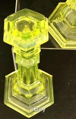 Vintage Pair of Vaseline Uranium Depression Glass Candlesticks 2 Candle Holders