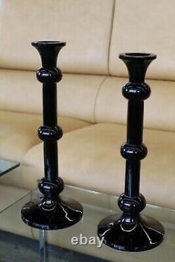 Vintage Post Modern Black Glass Candle Holders Hollywood Regency Contemporary
