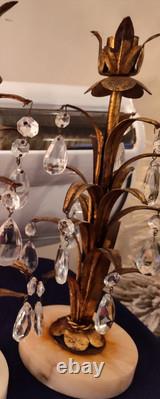 Vintage Pr Pineapple Leaf Italian Crystal Prism Candle Holders Hollywood Regency