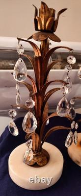 Vintage Pr Pineapple Leaf Italian Crystal Prism Candle Holders Hollywood Regency