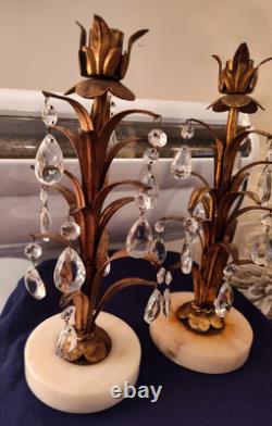 Vintage Pr Pineapple Leaf Italian Crystal Prism Candle Holders Hollywood Regency