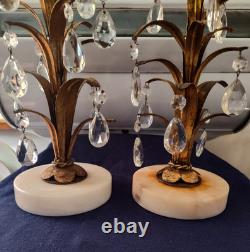 Vintage Pr Pineapple Leaf Italian Crystal Prism Candle Holders Hollywood Regency