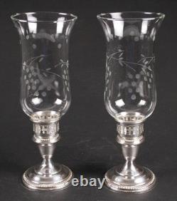 Vintage Set/2 Empire Sterling Weighted Candle Holders with Etched Glass Shades
