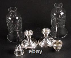 Vintage Set/2 Empire Sterling Weighted Candle Holders with Etched Glass Shades