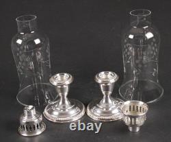 Vintage Set/2 Empire Sterling Weighted Candle Holders with Etched Glass Shades