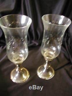 Vintage Set 2 Poole Sterling Silver Candle-holders lamps. WithEtched Glass Tops