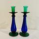 Vintage Set Of 2 Art Glass Candle Holders Twotonecobalt Blue & Emerald Green