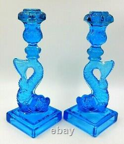 Vintage Set Of 2 Matching 11 Tall Imperial Mma Blue Glass Koi Fish Candlesticks