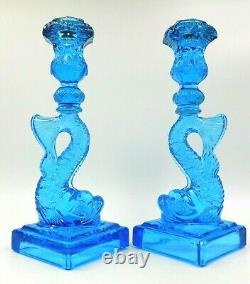 Vintage Set Of 2 Matching 11 Tall Imperial Mma Blue Glass Koi Fish Candlesticks