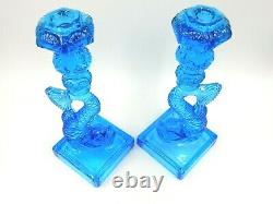 Vintage Set Of 2 Matching 11 Tall Imperial Mma Blue Glass Koi Fish Candlesticks