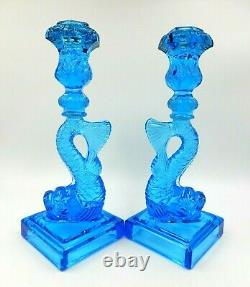 Vintage Set Of 2 Matching 11 Tall Imperial Mma Blue Glass Koi Fish Candlesticks