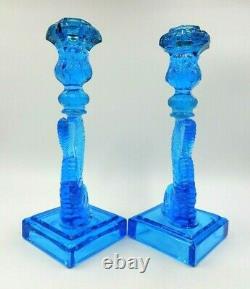 Vintage Set Of 2 Matching 11 Tall Imperial Mma Blue Glass Koi Fish Candlesticks