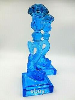 Vintage Set Of 2 Matching 11 Tall Imperial Mma Blue Glass Koi Fish Candlesticks