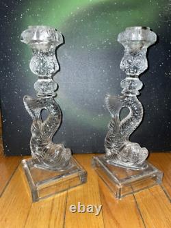 Vintage Set of 2 Clear Dolphin Koi Candle Stick Holders Marked MMA EX Condition
