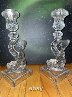 Vintage Set of 2 Clear Dolphin Koi Candle Stick Holders Marked MMA EX Condition