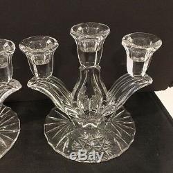 Vintage Set of 2 Cut Crystal 3 Arm Candle Holders Star Pattern Round Base MINT