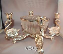 Vintage Silver Plate Figural Swans 4 Candle Holder withGlass Flower Frog in Center