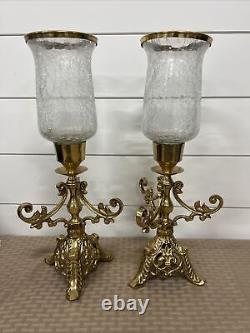 Vintage Solid Brass Lacquered Candle Holders Ornate Cracked Glass Globes Set