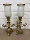 Vintage Solid Brass Lacquered Candle Holders Ornate Cracked Glass Globes Set