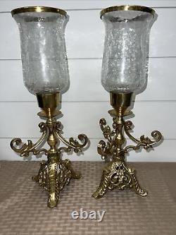 Vintage Solid Brass Lacquered Candle Holders Ornate Cracked Glass Globes Set