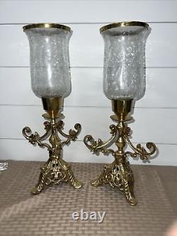 Vintage Solid Brass Lacquered Candle Holders Ornate Cracked Glass Globes Set