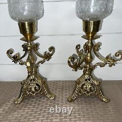 Vintage Solid Brass Lacquered Candle Holders Ornate Cracked Glass Globes Set