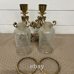 Vintage Solid Brass Lacquered Candle Holders Ornate Cracked Glass Globes Set