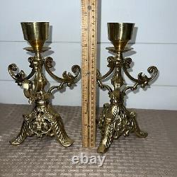 Vintage Solid Brass Lacquered Candle Holders Ornate Cracked Glass Globes Set