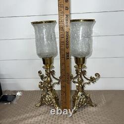 Vintage Solid Brass Lacquered Candle Holders Ornate Cracked Glass Globes Set