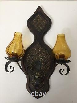 Vintage Spanish Amber Glass Wall Sconce 2 Lights Candle Holders, 18 T x 11 W