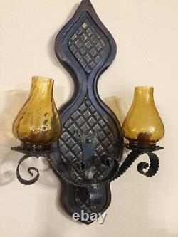 Vintage Spanish Amber Glass Wall Sconce 2 Lights Candle Holders, 18 T x 11 W