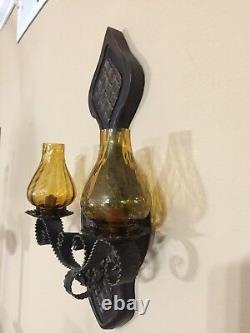 Vintage Spanish Amber Glass Wall Sconce 2 Lights Candle Holders, 18 T x 11 W