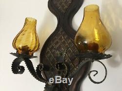 Vintage Spanish Amber Glass Wall Sconce 2 Lights Candle Holders, 18 T x 11 W