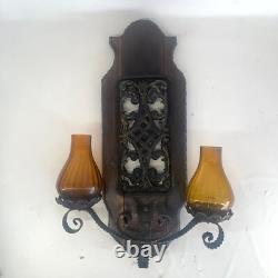 Vintage Spanish Wall Sconce Amber Glass Candle Holders Wood Metal 17.5 x 12
