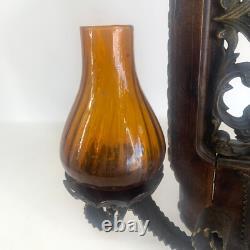 Vintage Spanish Wall Sconce Amber Glass Candle Holders Wood Metal 17.5 x 12