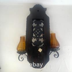 Vintage Spanish Wall Sconce Amber Glass Candle Holders Wood Metal 17.5 x 12