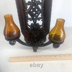 Vintage Spanish Wall Sconce Amber Glass Candle Holders Wood Metal 17.5 x 12