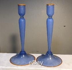 Vintage Steuben Glass Pair Candlesticks Shape #3236 Blue Cintra Orange Lip Wraps