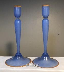 Vintage Steuben Glass Pair Candlesticks Shape #3236 Blue Cintra Orange Lip Wraps