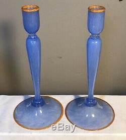 Vintage Steuben Glass Pair Candlesticks Shape #3236 Blue Cintra Orange Lip Wraps