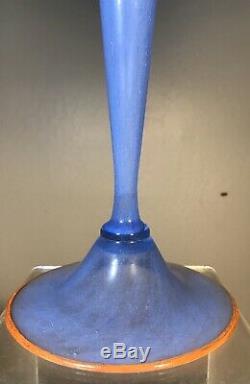 Vintage Steuben Glass Pair Candlesticks Shape #3236 Blue Cintra Orange Lip Wraps