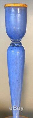 Vintage Steuben Glass Pair Candlesticks Shape #3236 Blue Cintra Orange Lip Wraps