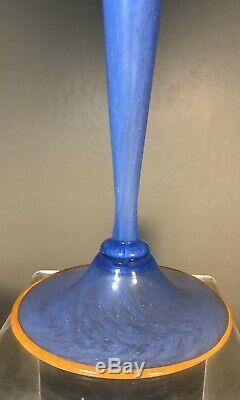 Vintage Steuben Glass Pair Candlesticks Shape #3236 Blue Cintra Orange Lip Wraps