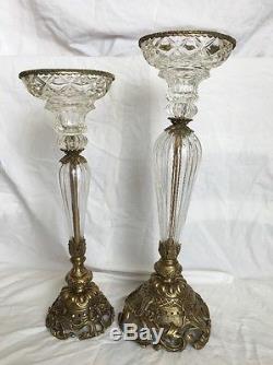 Vintage Style Pair Of Mark Roberts Pillar Candle Holders Brass Glass Tall