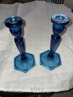 Vintage Tapered Blue Candlestick Holders Millennial Heritage Glass Beautiful