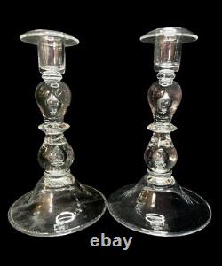 Vintage Teardrop Art Glass Clear Crystal Candlestick Holders 8 Tall Set Of 2