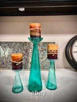 Vintage Trio Set Blenko Candle Holders Vases Blue-Green 9.5' + 13.5 = 20.5