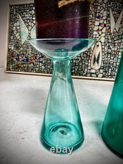 Vintage Trio Set Blenko Candle Holders Vases Blue-Green 9.5' + 13.5 = 20.5